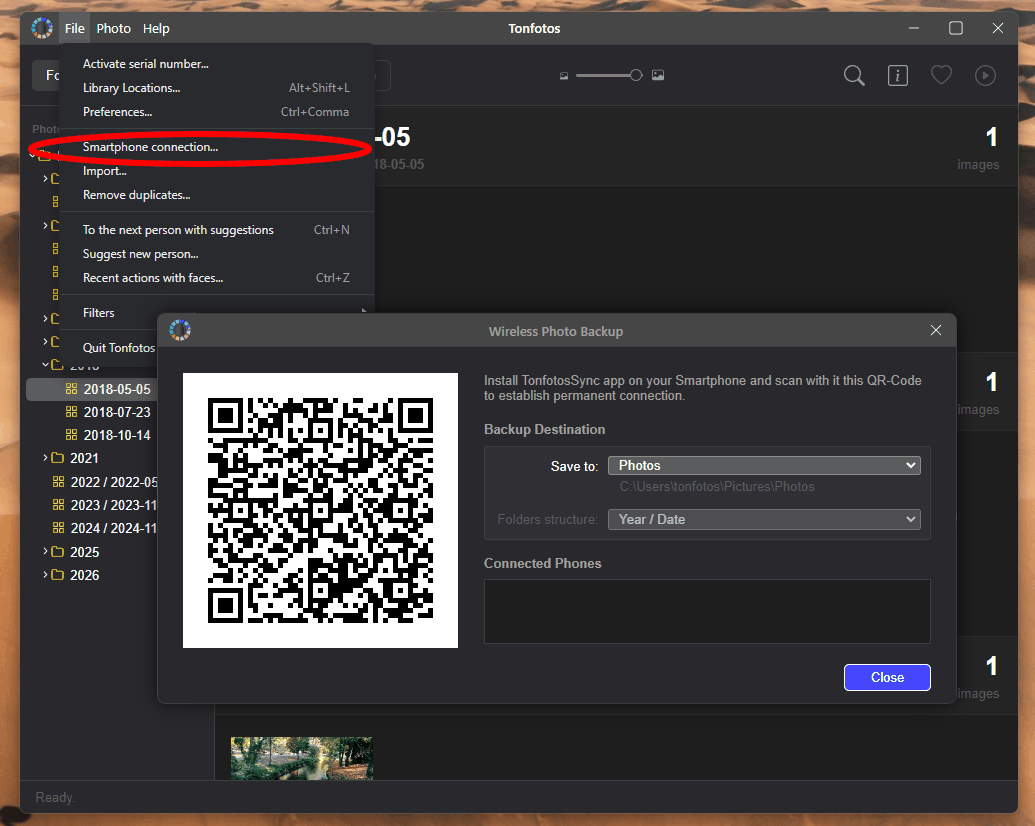 Setting up TonfotosSync synchronisation with a QR code