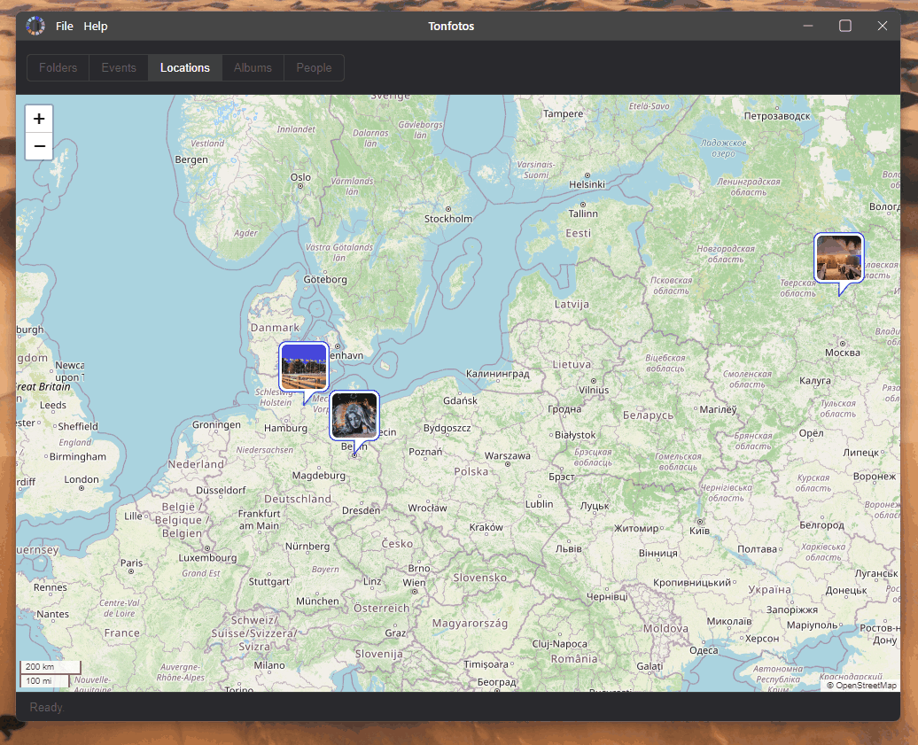 Visualisation of photo locations on a map in Tonfotos