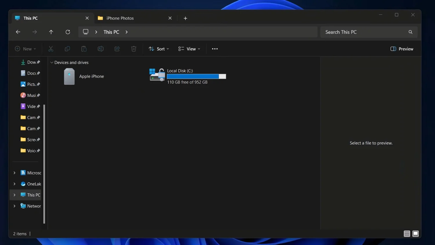 iPhone displayed as a device in Windows 11 File Explorer