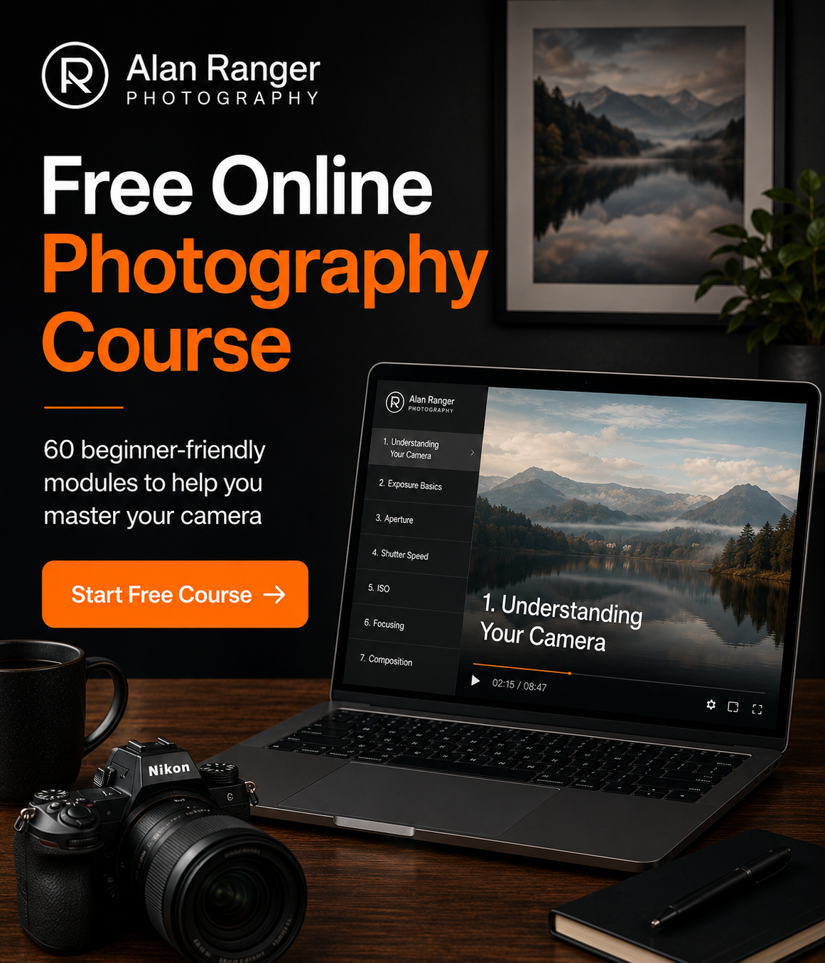 Free online photography course — Alan Ranger Academy, 60 modules, 14-day trial