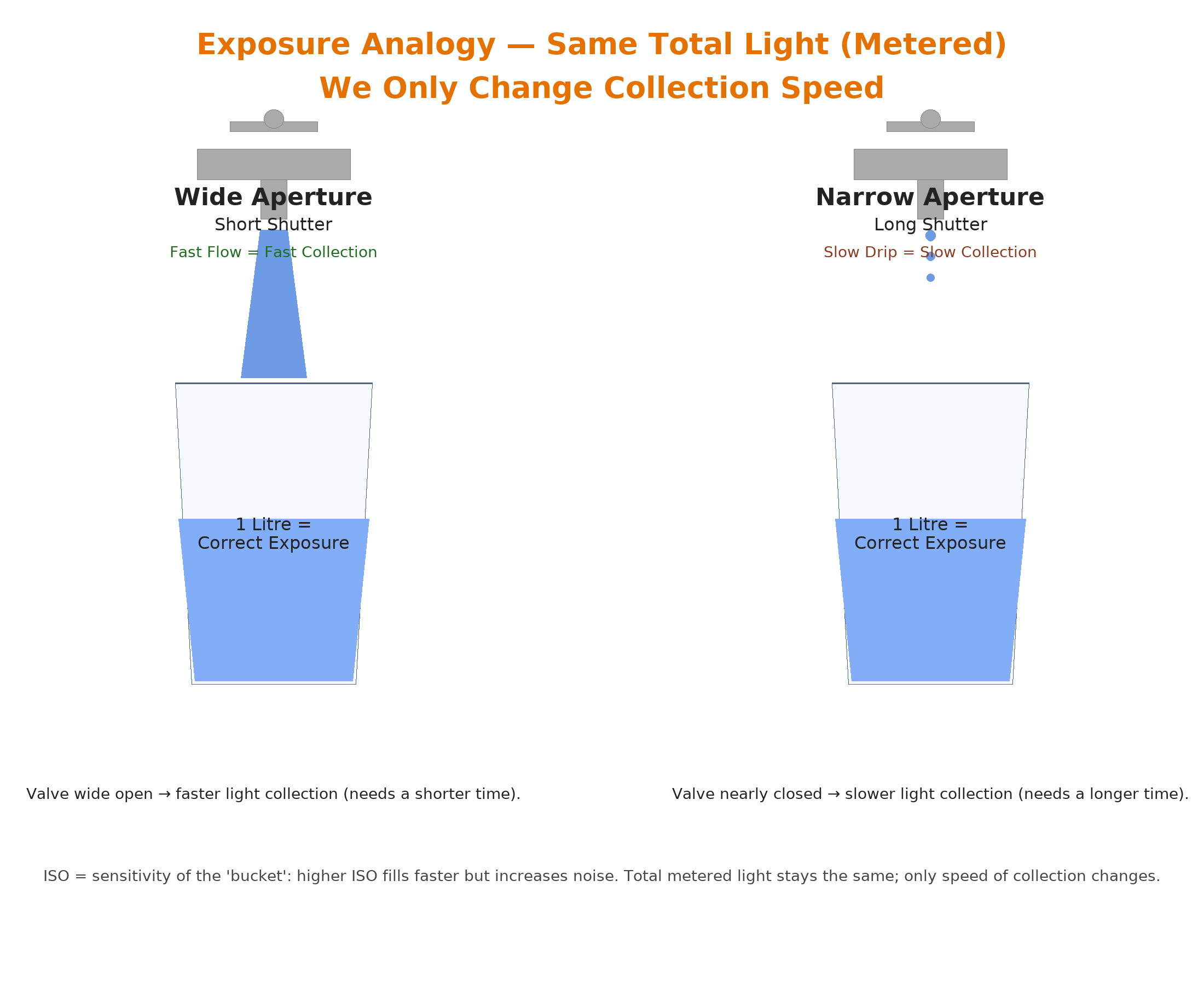 Exposure analogy with buckets: Wide aperture fills quickly with short shutter, narrow aperture drips slowly with long shutter. Both buckets reach 1 litre = correct exposure.