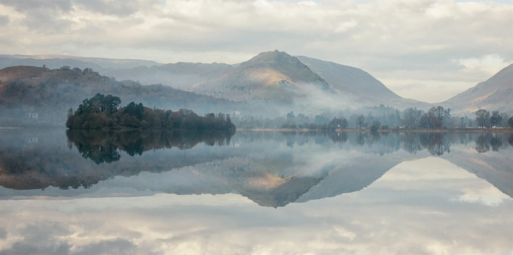 Grasmere landscape reflected in still water demonstrating reflection symmetry and compositional balance