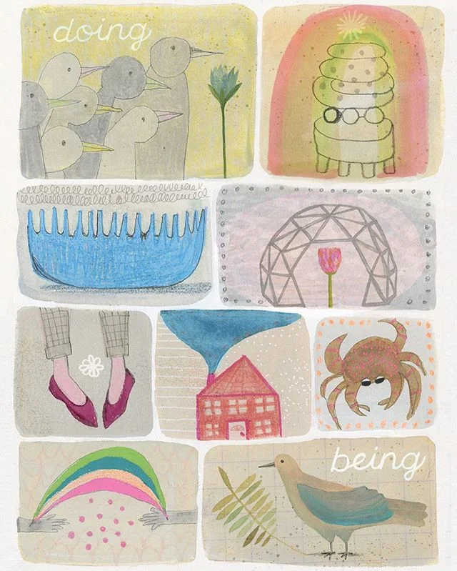 always being, sometimes doing. 
#illustration #artistsoninstagram #sketchbookstuff #mindful #panels #newshoes #energy #allowing #pencils #gouachepainting #play #beingdoing #drawing