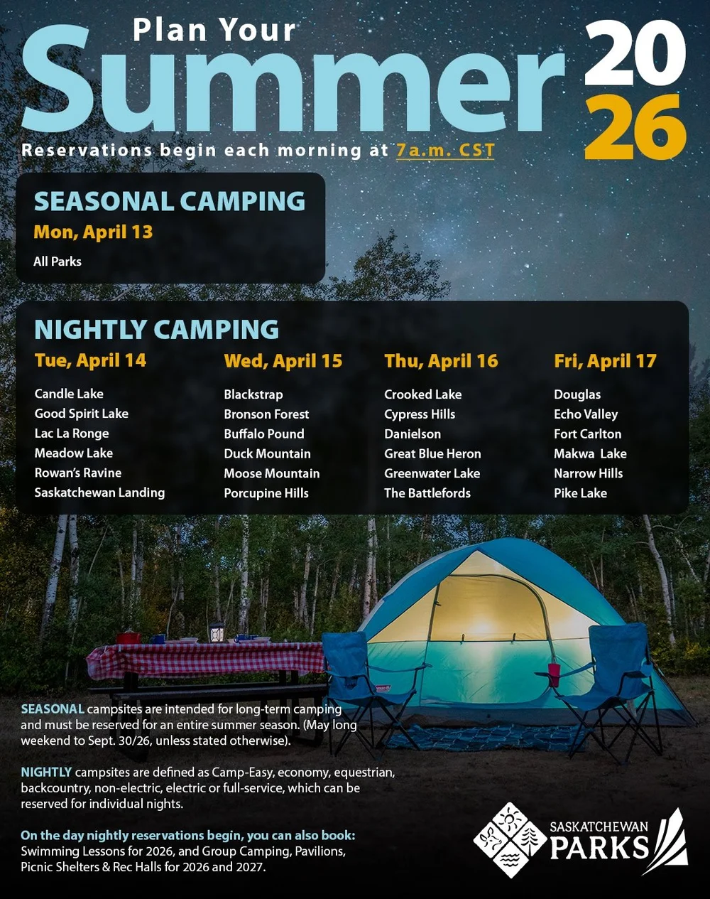 Saskatchewan Parks 2026 Camping Season Opens April 13th — Traversing