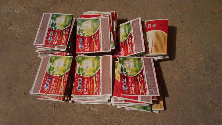 I kept all my empty boxes of matches in order to get an estimate of how many I used in the end. I finished with exactly 140 boxes of matches that went into this project. If they all actually had exactly 300 matches in them, that equals 42,000 matc