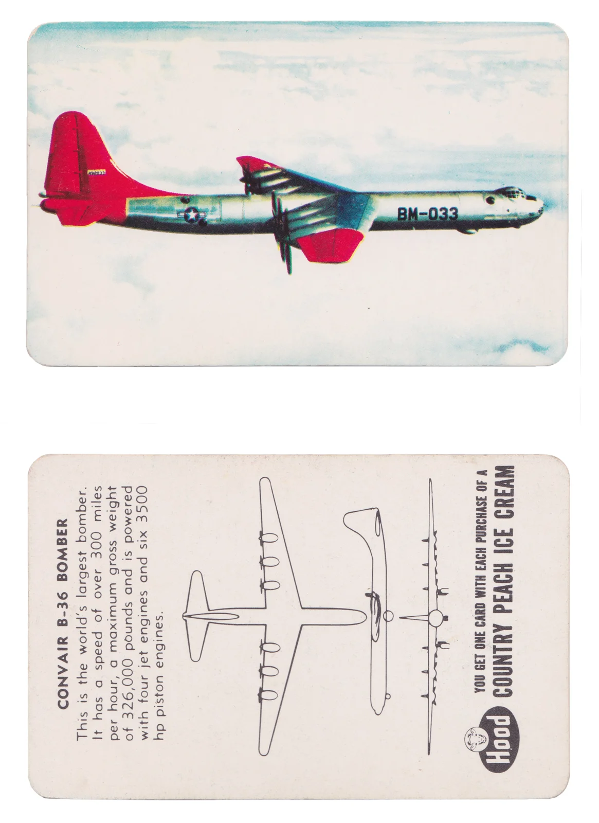 Convair B-36 Bomber Series: Aircraft Recognition Cards Manufacture: HP Hood LLC Card Dimensions: 3.5" x 2.25" USA - 1952