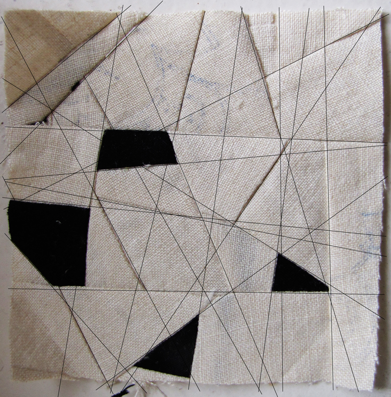 I cut up a linen tablecloth to create squares and triangles of shattered shapes as a next step in the Traveling Unknown Pathways idea. I love the contrast of the linen against the black fabric. 