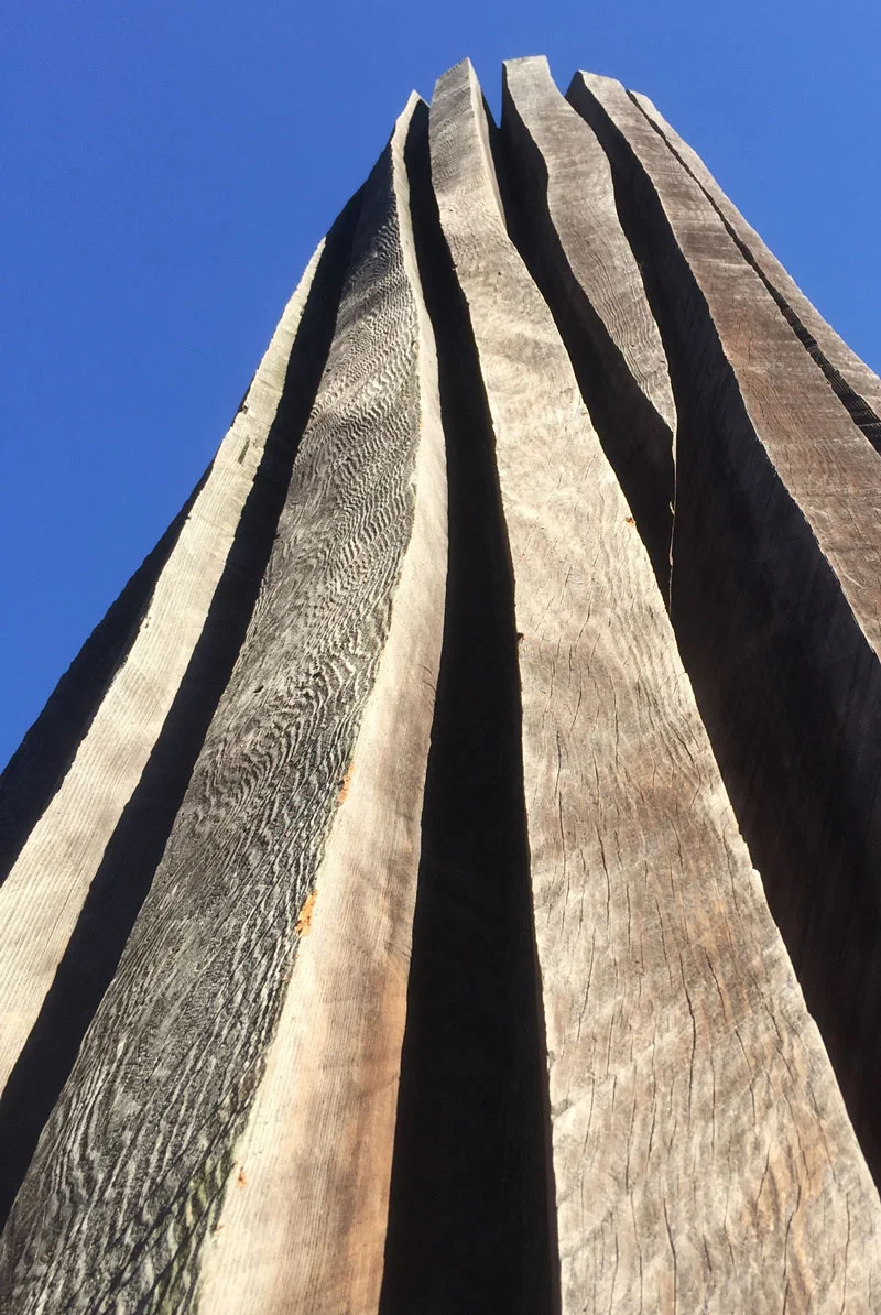 Redwood , Johann Feilacher at Laumier Sculpture park in St. Louis is 34 feet tall and standing in a wooded area waiting to be discovered by trail walkers.