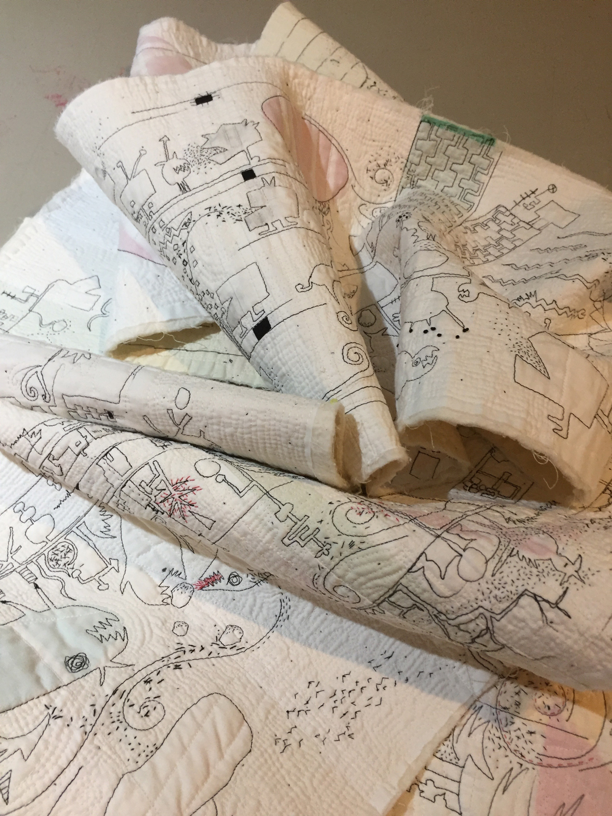 I’m not comfortable if I don’t have a project going so when we were preparing for a road trip that would last a few weeks I rolled up the scroll and put it into a bag and carried it with me. Each night I would add more hand stitching.
