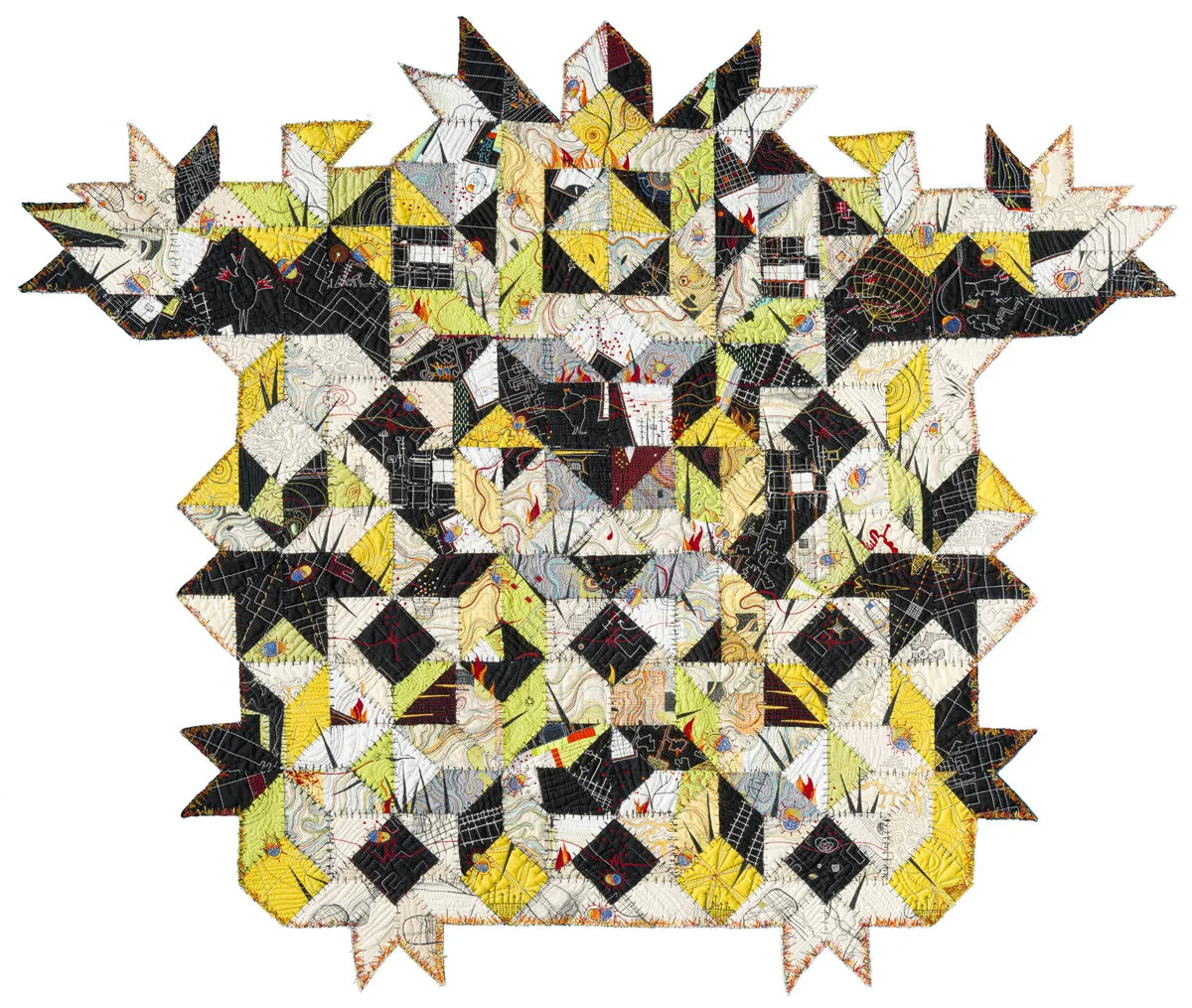 Overseer , 45” x 54”, Paula Kovarik. Repurposed quilt pieces over-stitched and re-assembled.