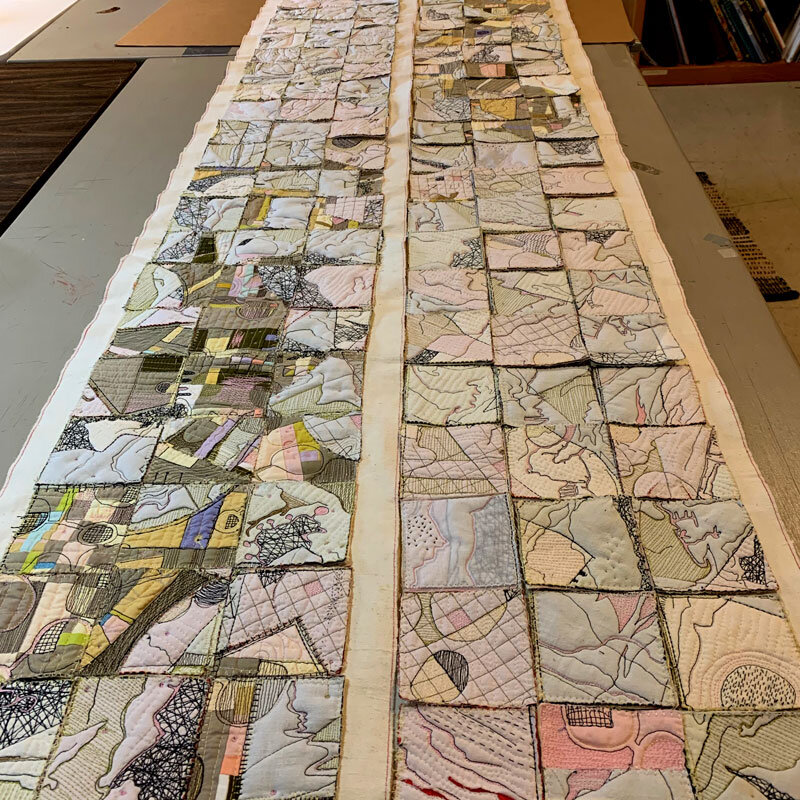   Pink Rivers  is a collage of cut up quilts. 