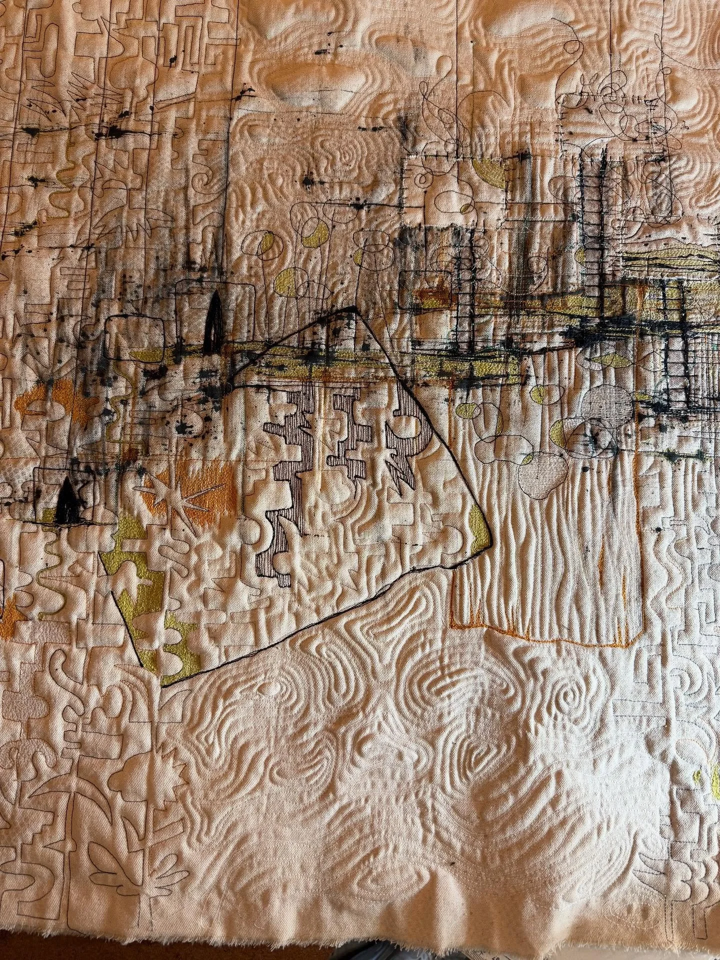 Today&rsquo;s stitching. Love the light as it travels across the cloth. #stitching #freemotionstitching #art #quiltedart