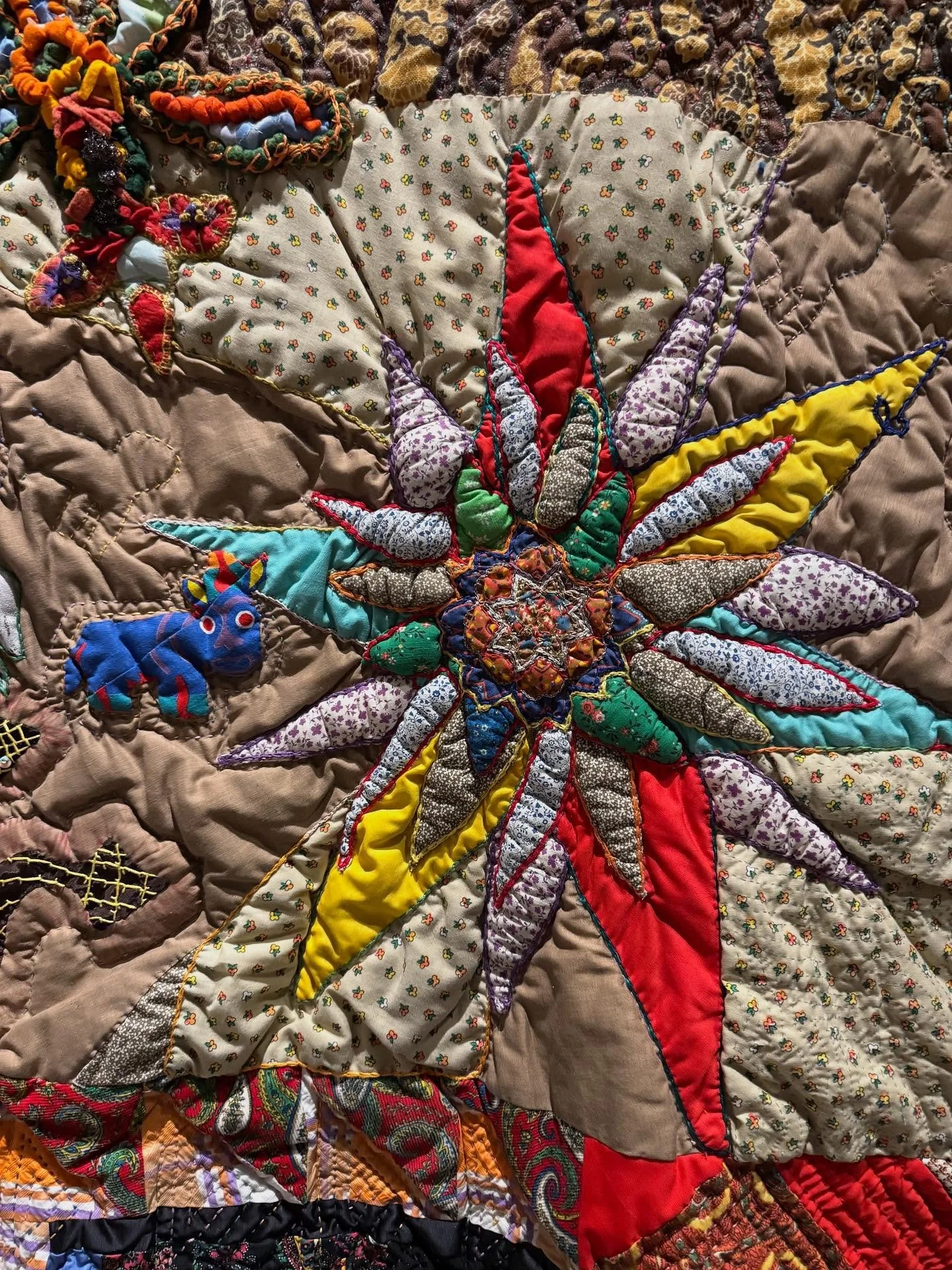 I was lucky to see this masterpiece at the Brooks museum in Memphis last night. Elizabeth and Joyce Scott at the Of Salt and Spirit: Black Quilters in the American South exhibit. &ldquo;Monsters, Dragons and Flies&rdquo;, it stopped me in my tracks.
