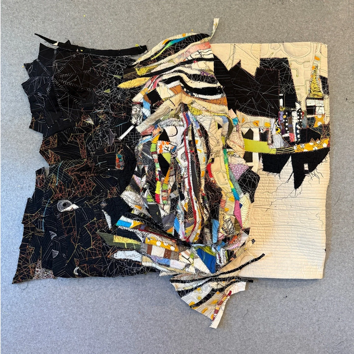 Work in progress. How many ways can I reuse these scraps? Today's stitching. #scraps, #freemotionstitching, #fiberart, #3D.