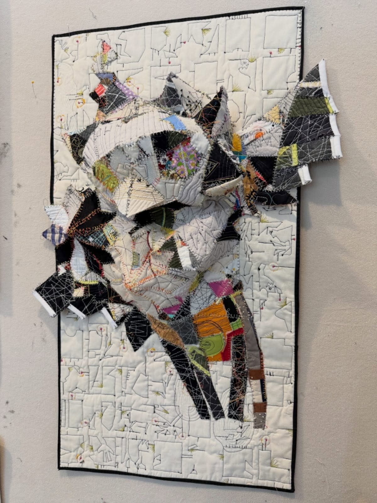 We heard the short eared owl last night. He lives next door. It sounds like he is saying &ldquo;who cooks for you&rdquo; #freemotionquilting #stitching #fiberart #owl #birdie