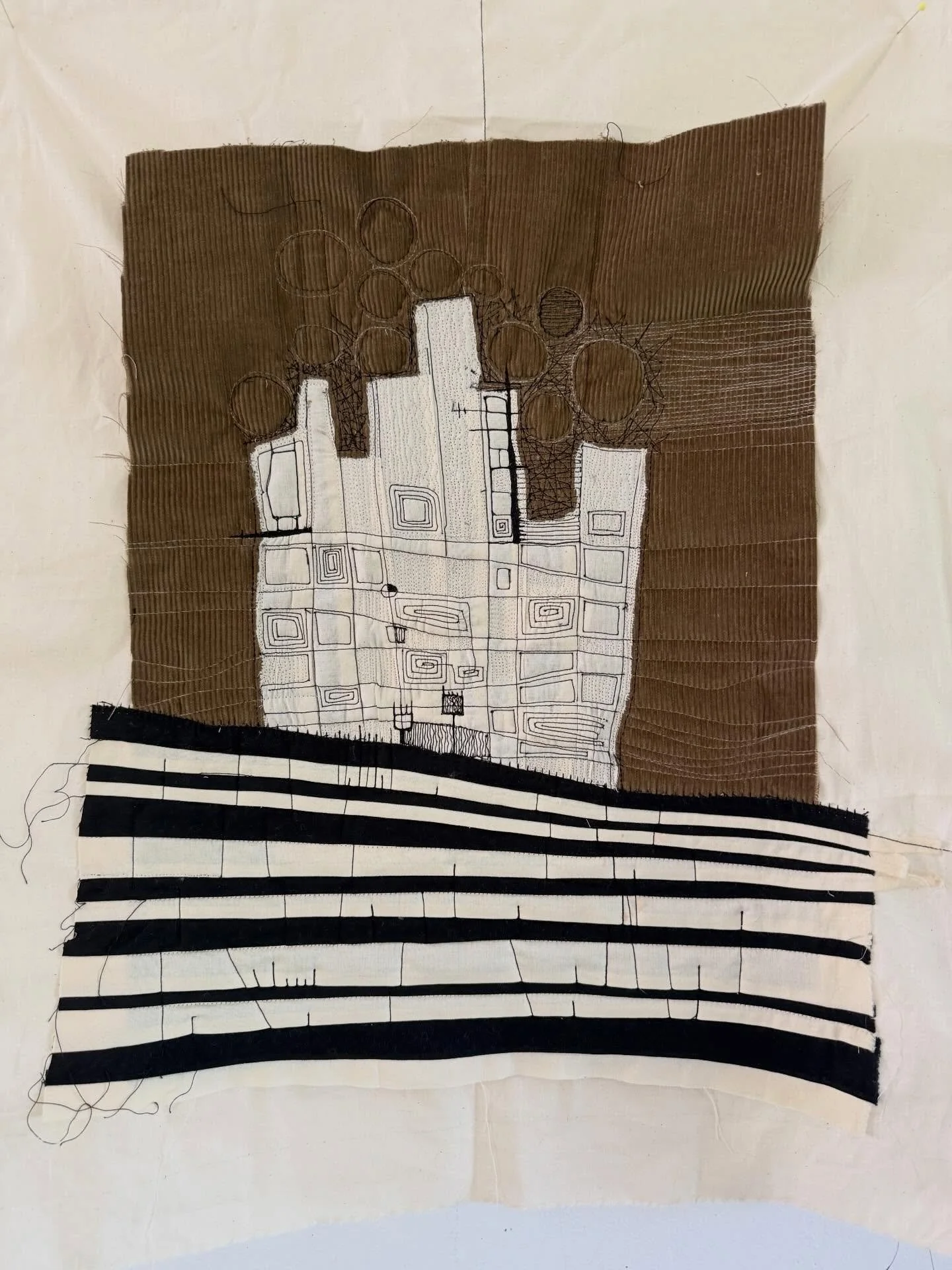 Today&rsquo;s stitching. Some scraps, a little corduroy, and a dash of Klee influence. I&rsquo;m trying to be messier. #vcca #stitching #fiberart #scraps