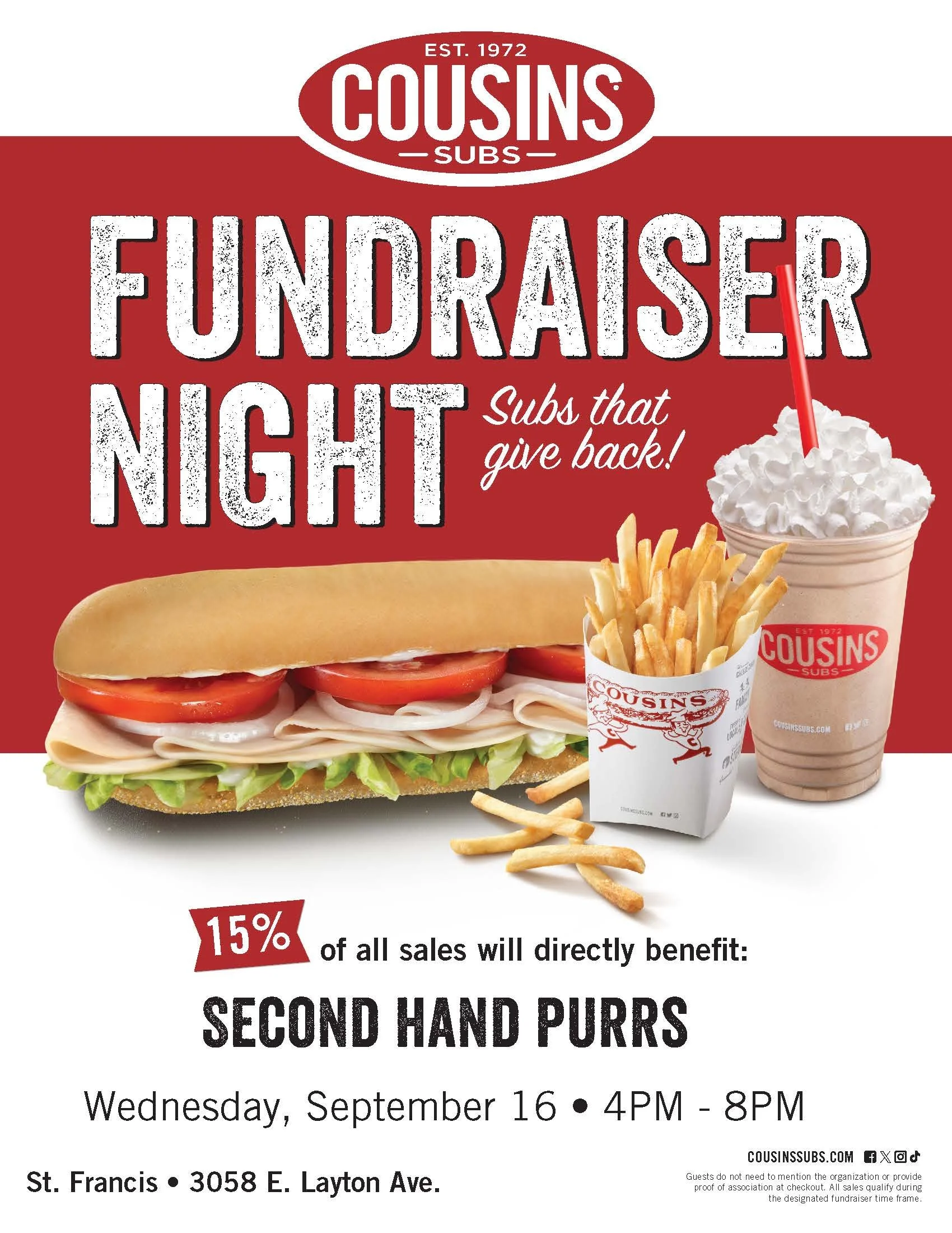 Cousins Subs Fundraiser Wednesday, September 16, Benefiting Second Hand Purrs