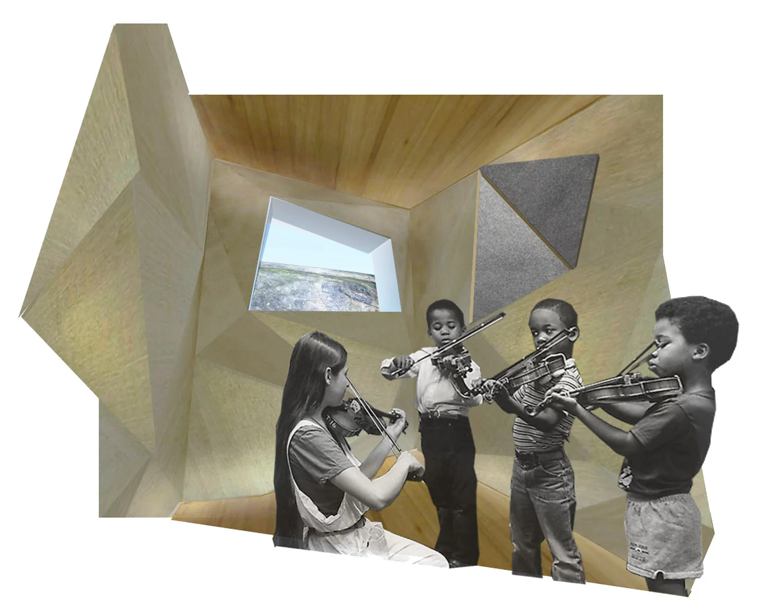 practice rooms designed for acoustics with faceted walls that fold out to reveal sound-dampening felt. &nbsp;lighting incorporated behind top and base of wall to wash down felt