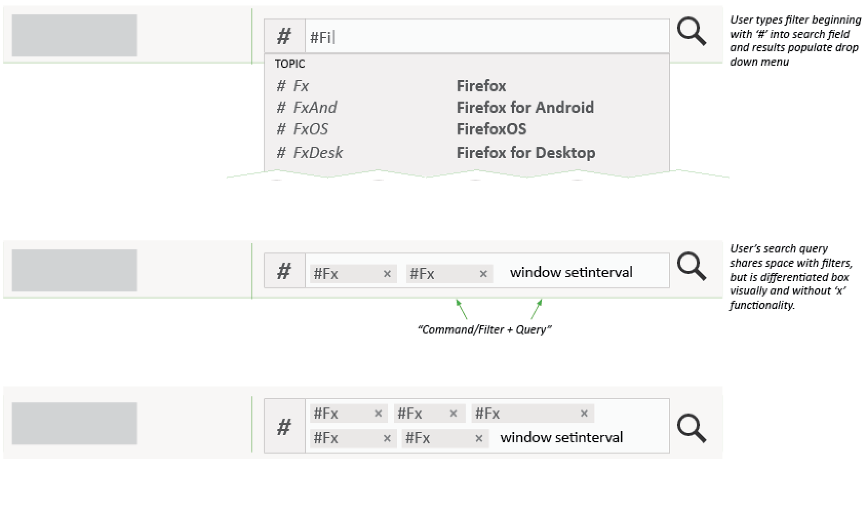 Advanced user adds filters by typing command in combination with search term.