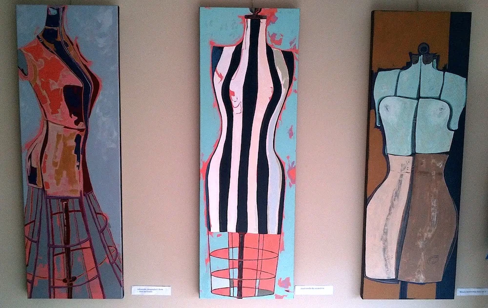 Three dress makers forms on display at the Mississippi Mills New Town Hall gallery
