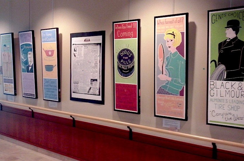 Six of the paintings in the exhibit. The Almonte Gazette from 1924 is visible in the middle of this image.