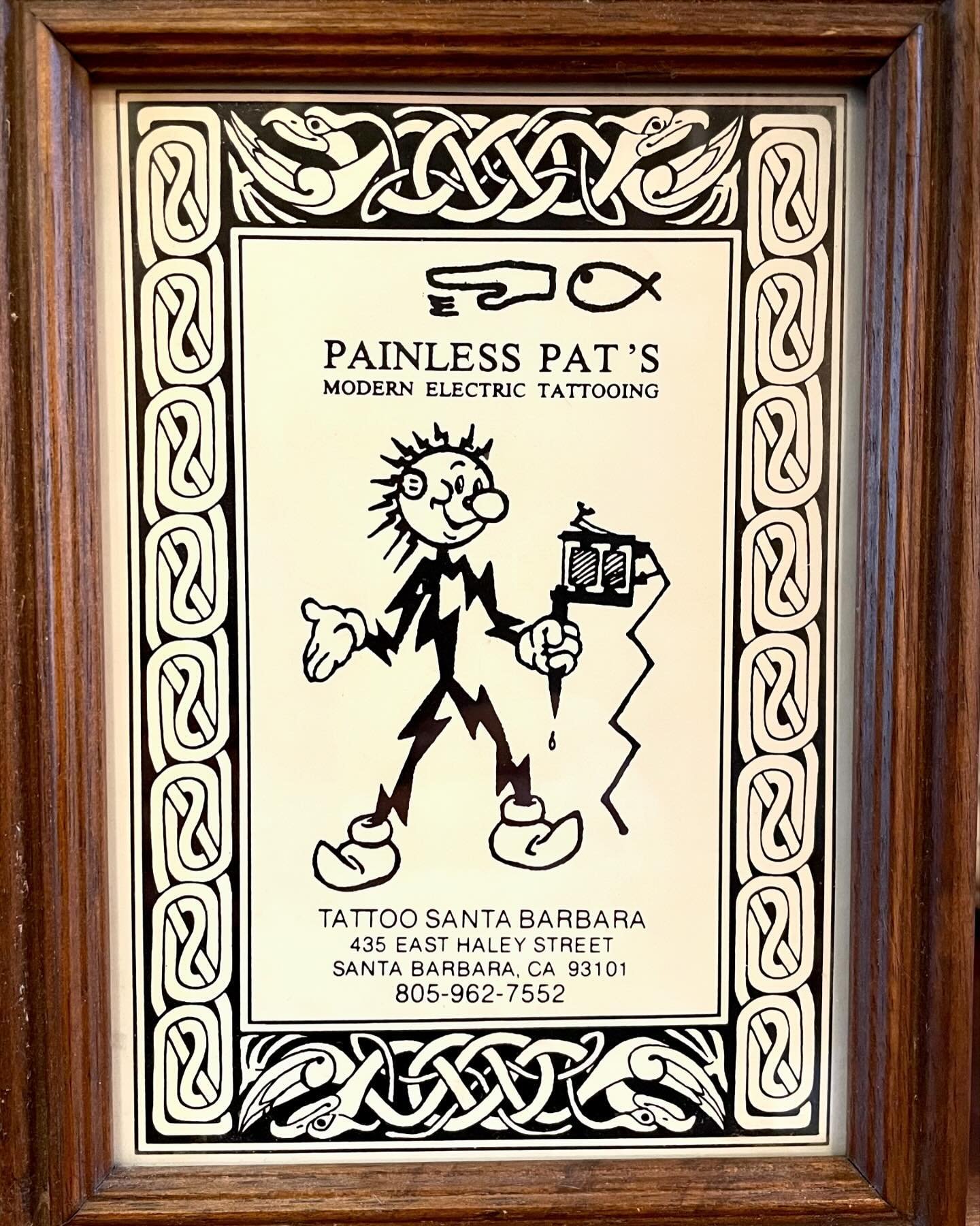 Today's fun find...
A vintage mashup of Reddy Kilowatt and tattoos! It's a framed 5x7 display ad for Santa Barbara tattoo artist, Pat Fish. Guessing c.1990...?
When coworker Aaron saw it he said,&quot;Hey! I got inked by her in about 2002!&quot;

#re