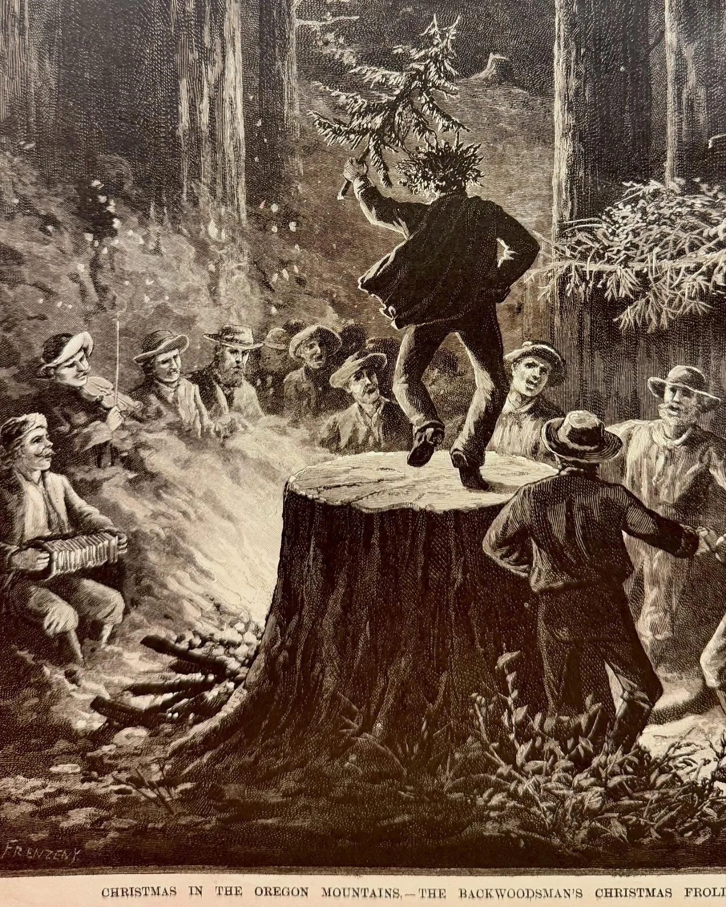 Earlier this year we found this full page illustration in a Frank Leslie&rsquo;s Illustrated Newspaper from&hellip;1886!! That was 139 years ago!!!
It&rsquo;s captioned, &ldquo;Christmas in the Oregon mountains-The backwoodsman&rsquo;s Christmas frol