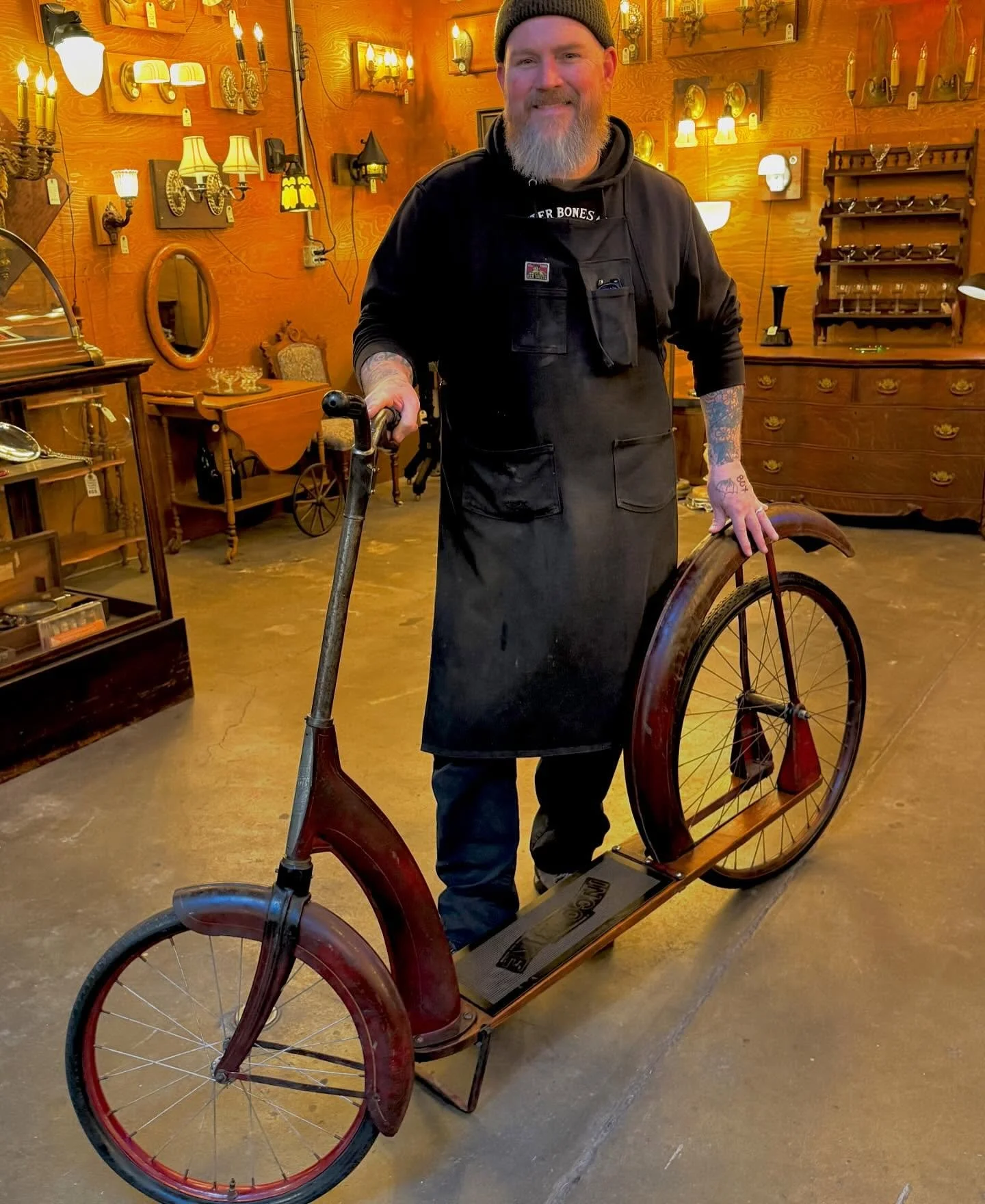 Bizarro find of the week!

It&rsquo;s an &ldquo;INGO-BIKE&rdquo;!! These kooky, adult size, scooter like contraptions were made in Chicago from 1934 to 1937.
The rear wheel hub is a few inches off of center which allowed the rider to propel the Ing-B