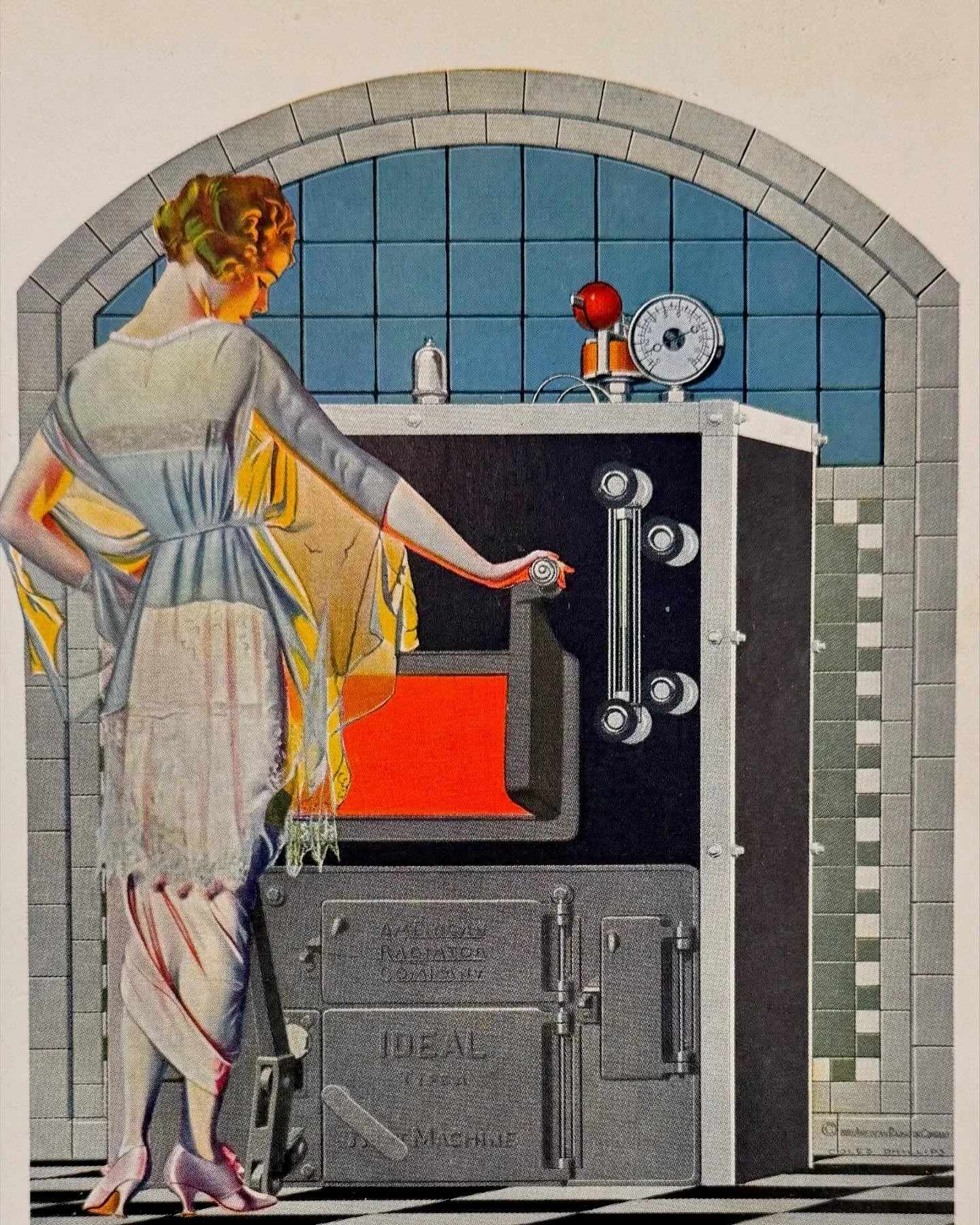 How do we entertain ourselves on a slow Thursday afternoon?
We make up ridiculous captions for a 1921 ad that has a beautiful lady staring into a glowing furnace. 
Let&rsquo;s see what some of you come up with!😃
