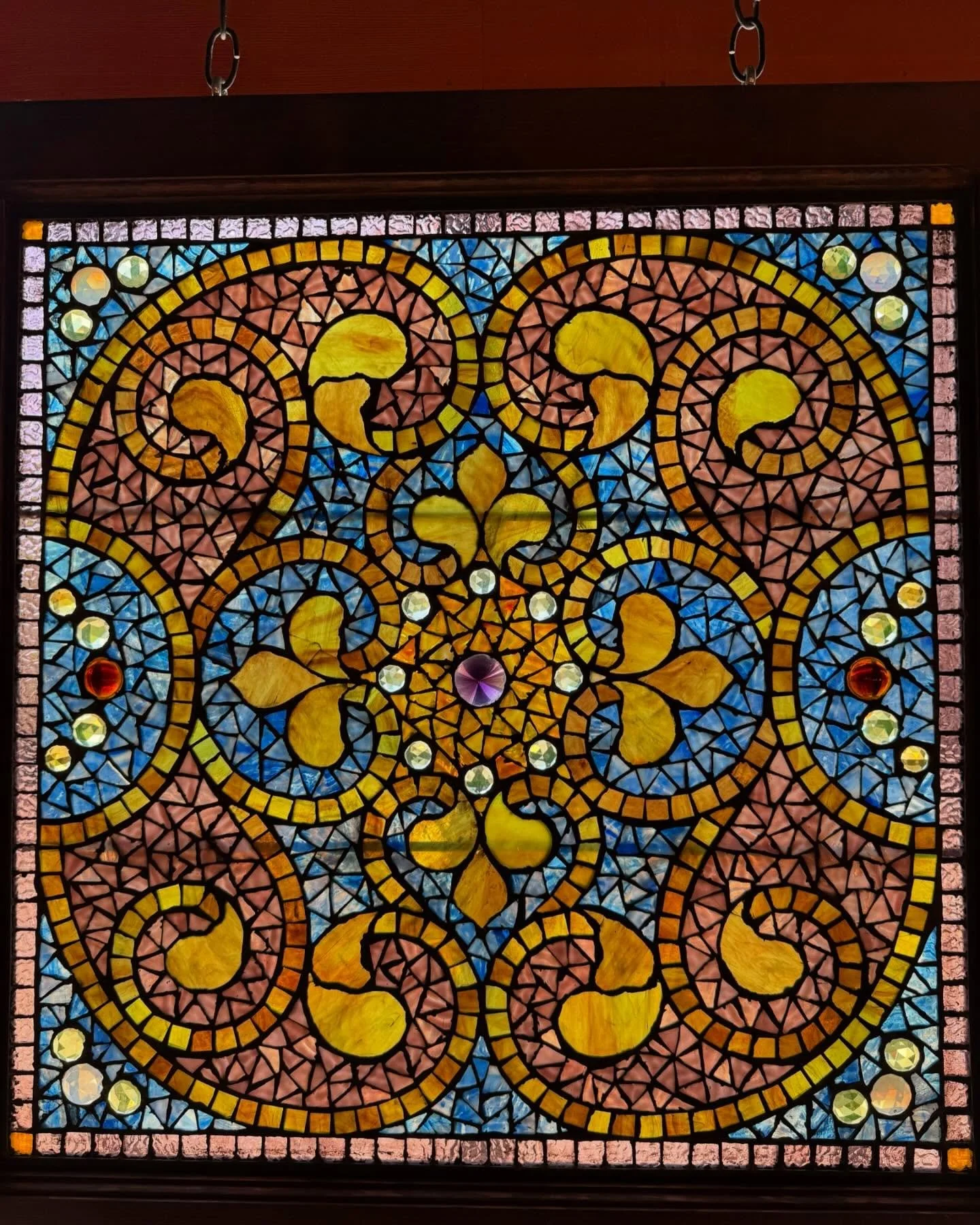 &ldquo;WOW!!&rdquo; treasure of the week!
We recently acquired this amazing c.1885 mosaic, arabesque style, stained glass window by the Henry Belcher Studio out of New York.
Mixed into the mosaic design in glittering assortment of stained glass &ldqu