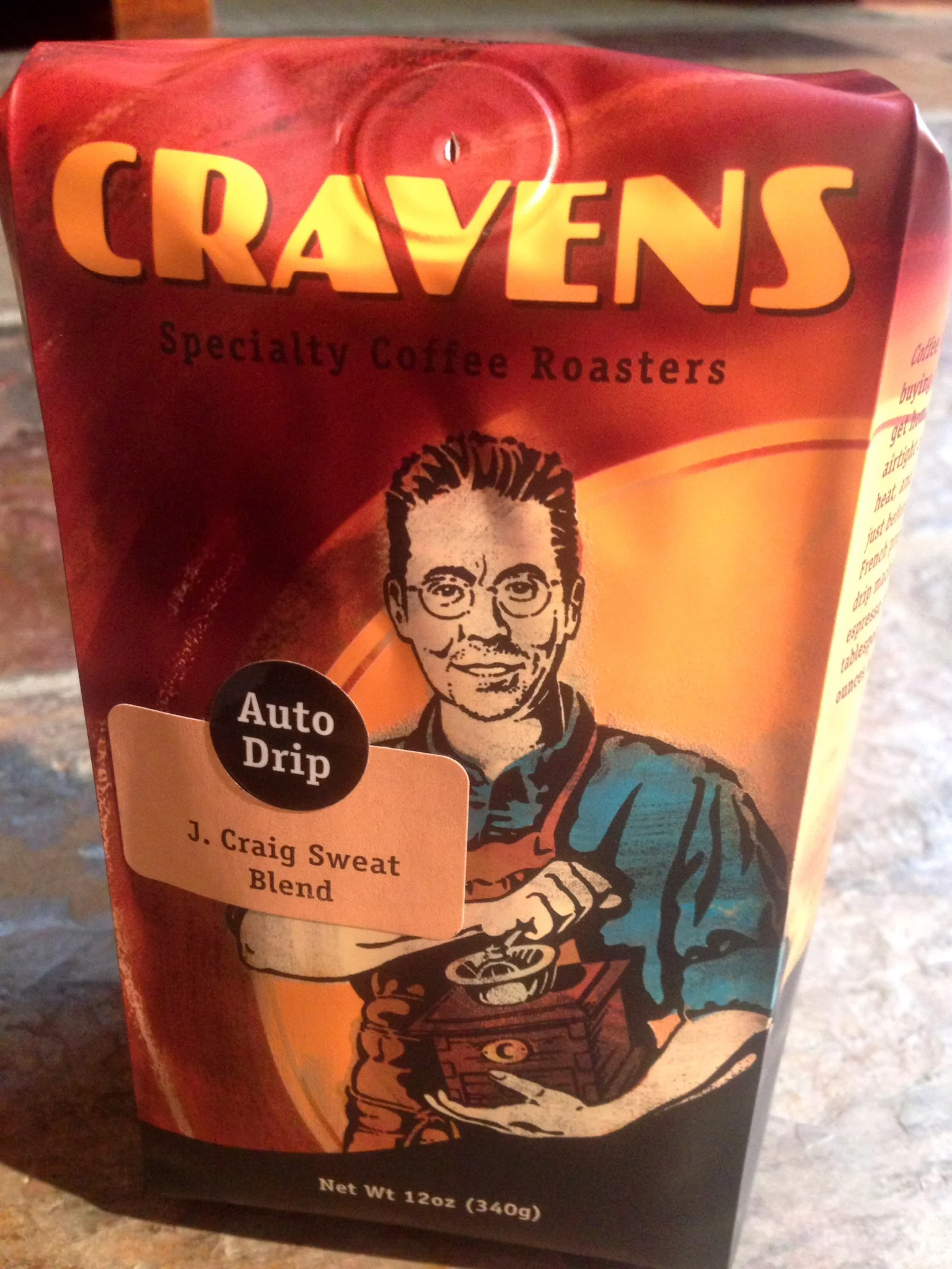 The bag above is a the J. Craig Sweat Blend. The design of the bag features an illustration of Simon Craven Thompson of the owners of Cravens coffee.