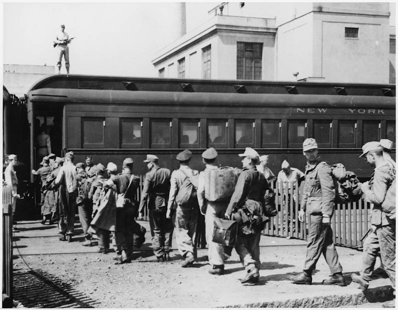 German POWs board a train in Boston for Prison Camp (n.d.)