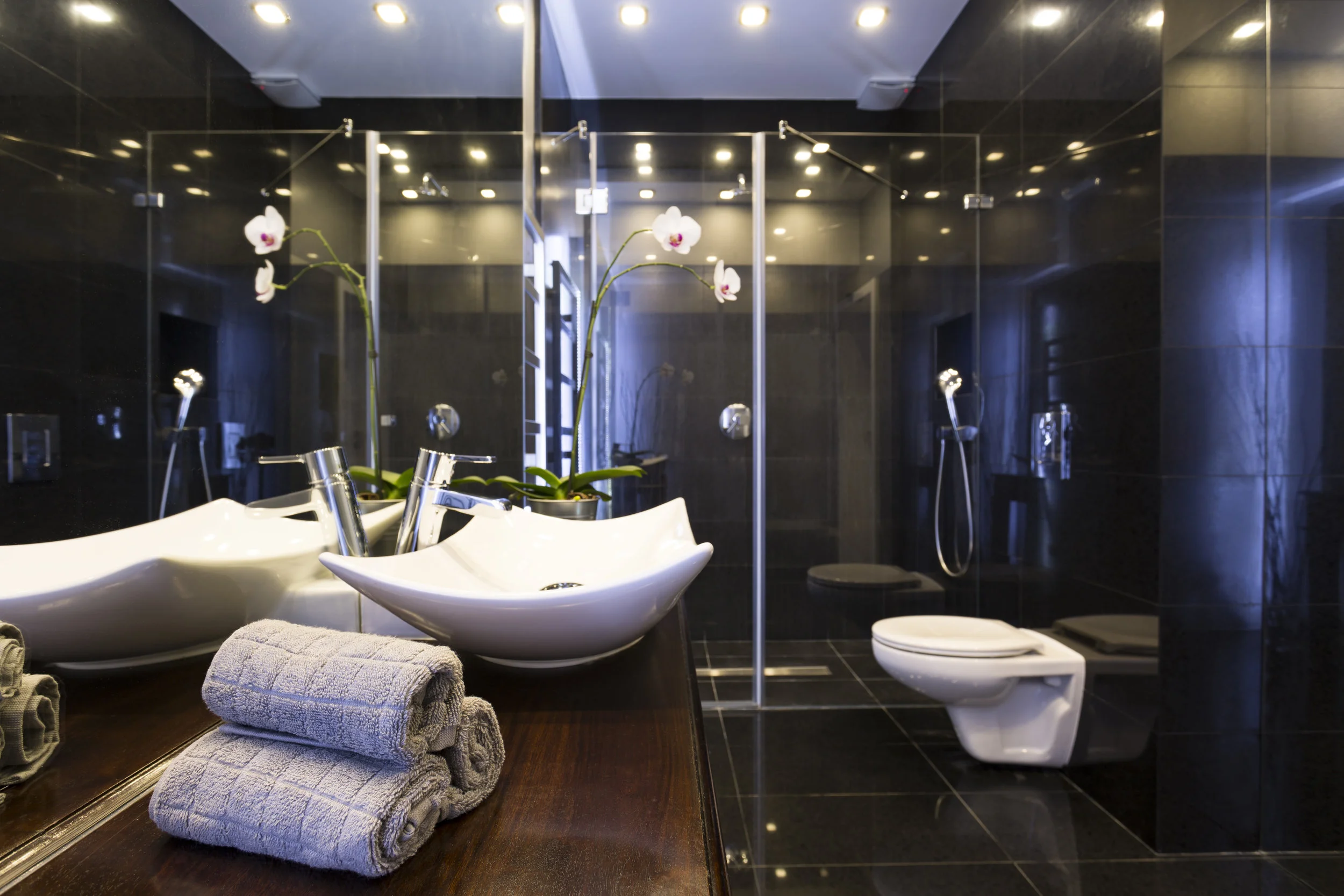 Black bathroom with shower