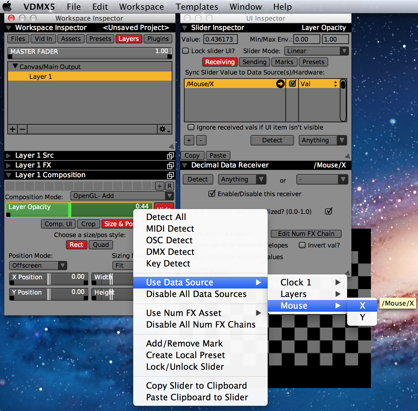 Setting a data-source for a slider to the x mouse position using the contextual menu.