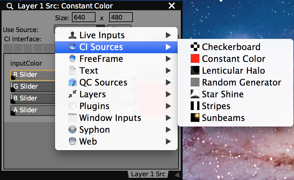 The 'Use Source' pop-up in the Layer Source controls displaying the sub-menu of CoreImage sources.