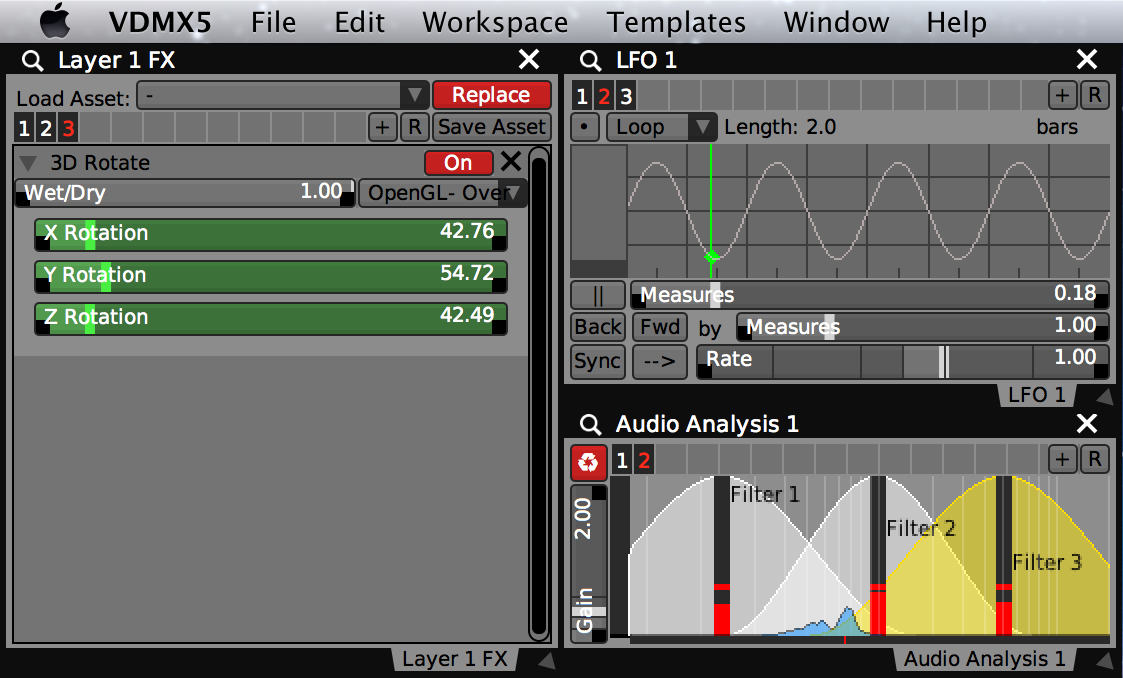 Section Presets being used in layer FX chains, LFO, and Audio Analysis.