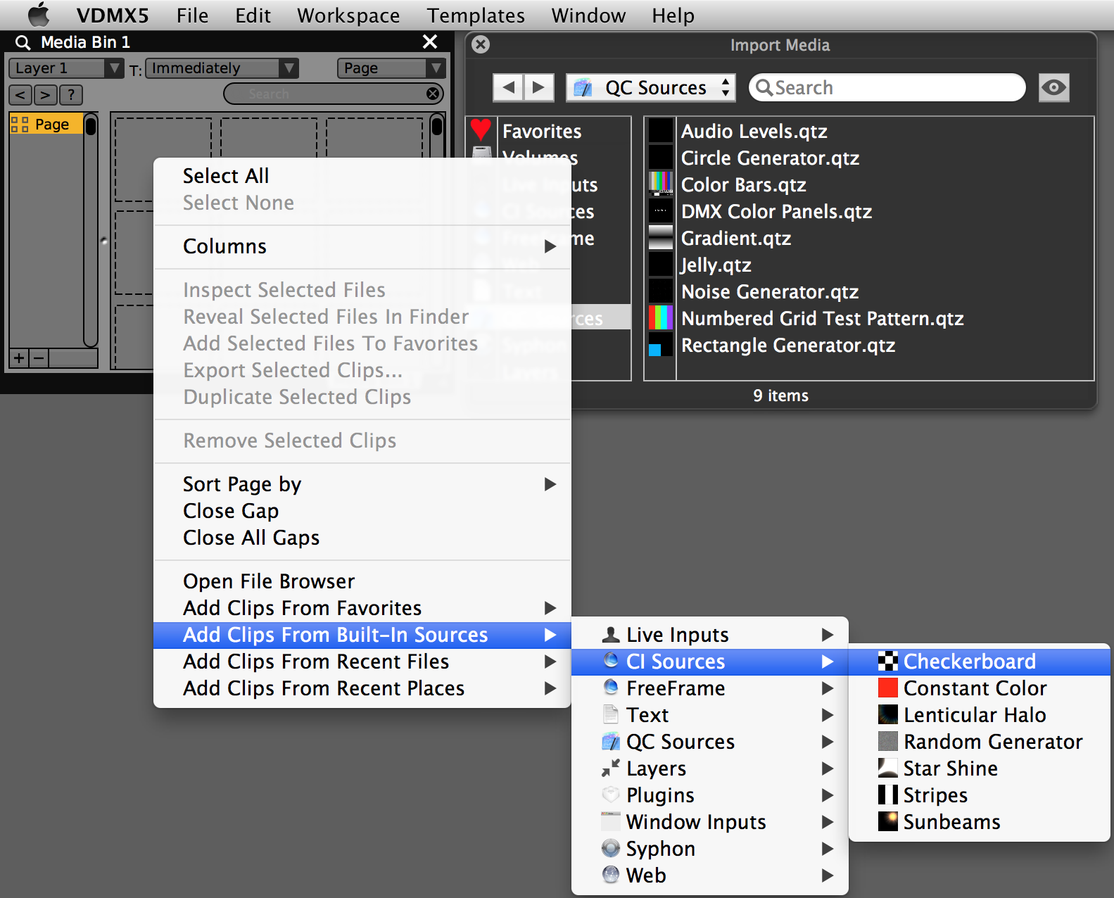 Add built-in sources from the file browser or contextual menu.
