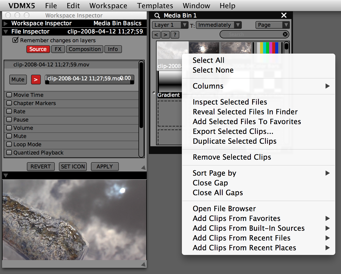 A selected clip in the media bin that has been inspected.
