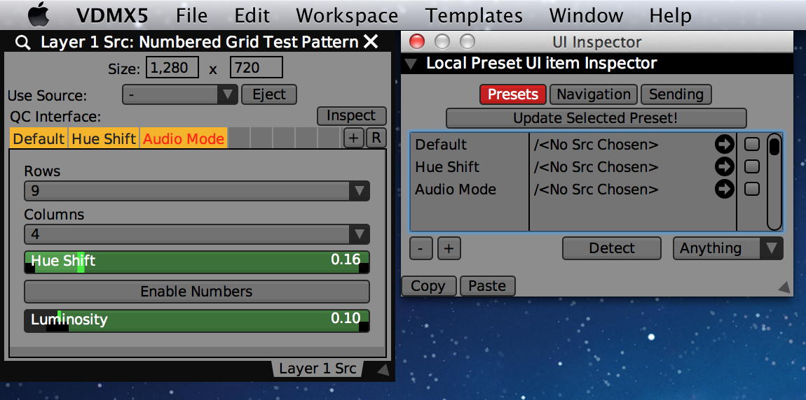 An inspected Local Preset UI Item in Quartz Composer Controls and the UI Inspector.