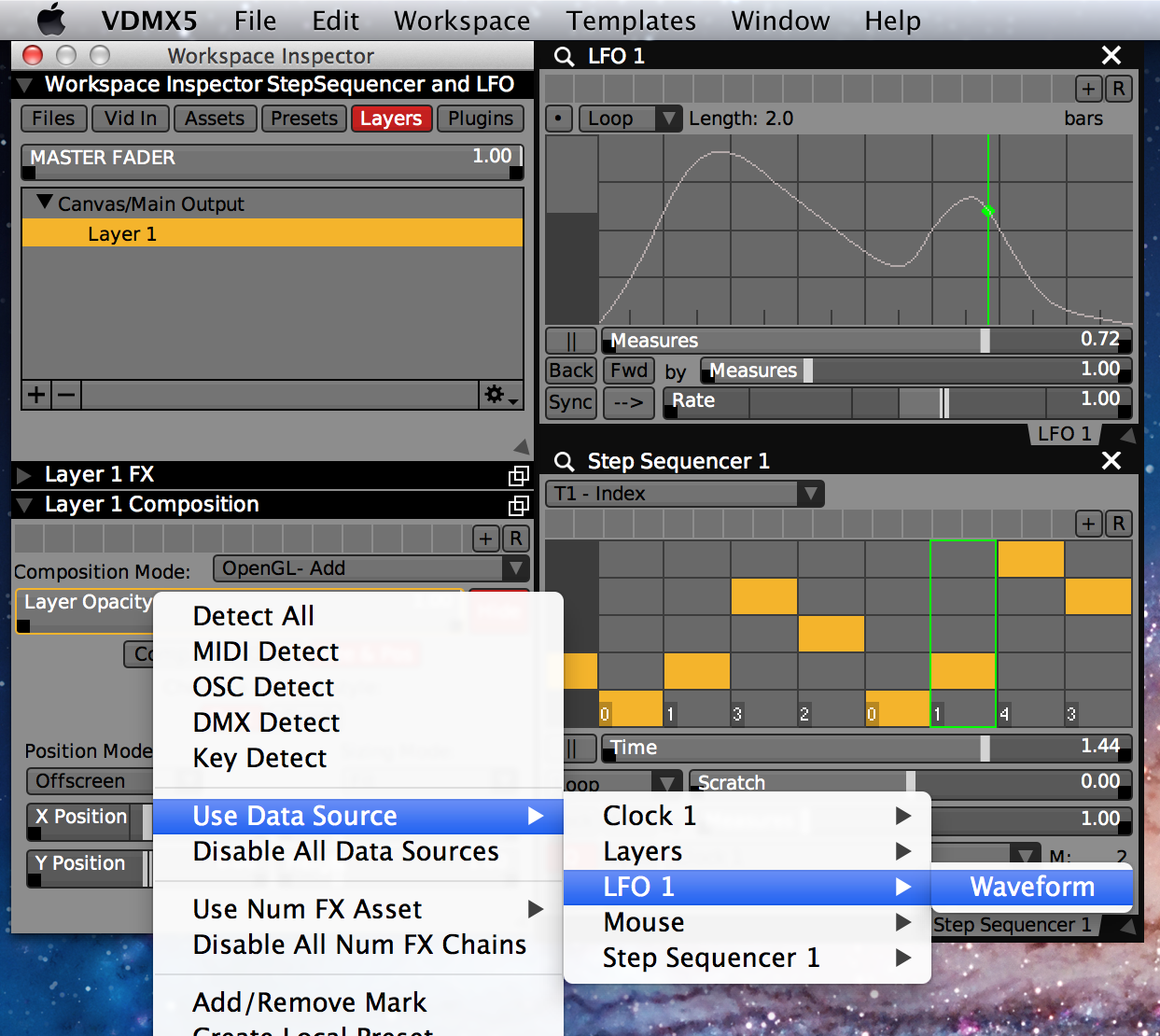 Values generated by the LFO and Step Sequencer plugins are available as data-sources for sliders and other UI items.