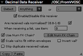 Decimal Receiver Inspector, receiving from an OSC source.