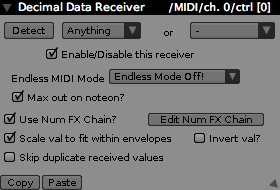 Decimal Receiver Inspector, receiving from a MIDI source.