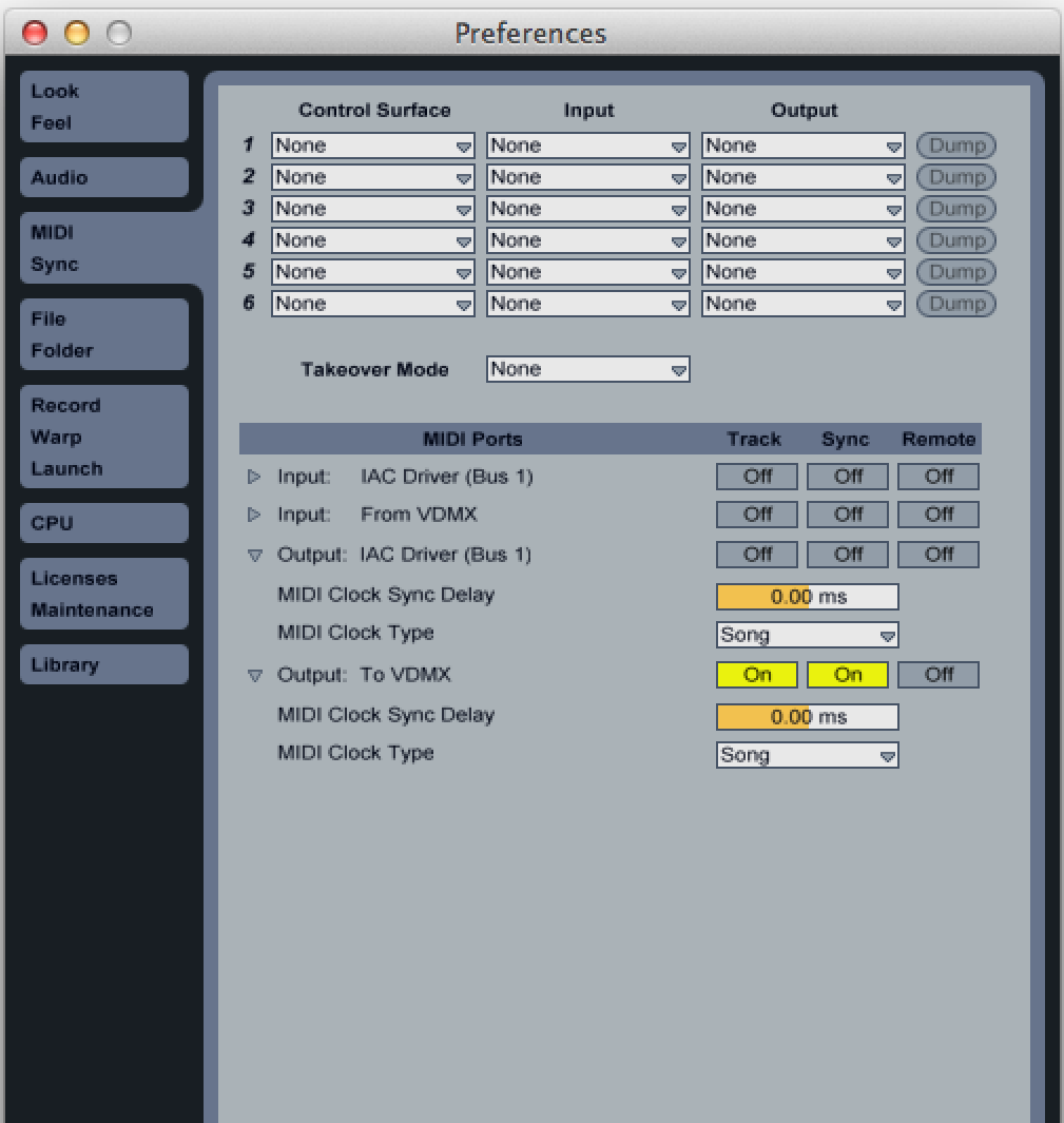 Ableton Live Preferences configured to send MIDI track and clock sync to VDMX.