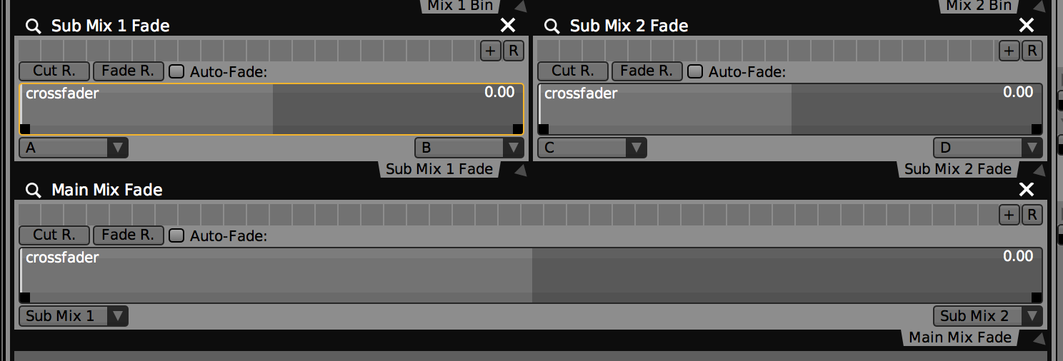 Three 'Two Channel Mixer' Plugins configured to mix between four layers.