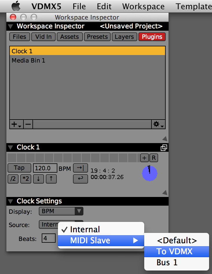 Set the Clock plugin in VDMX to receive the "To VDMX" source.