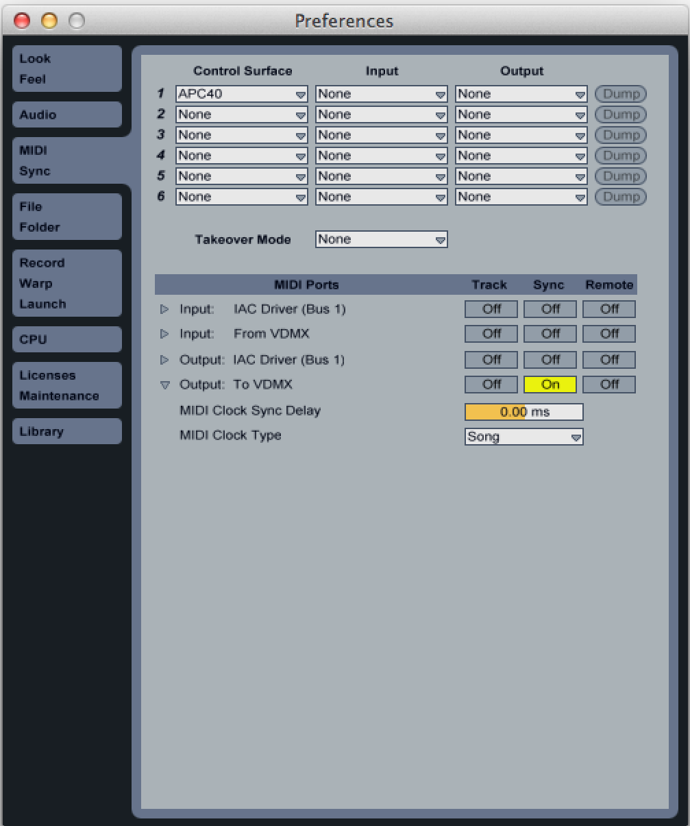 In the Ableton Live Preferences in the MIDI tab under "To VDMX" set the "Sync" to "On" option to enable MIDI Clock output.