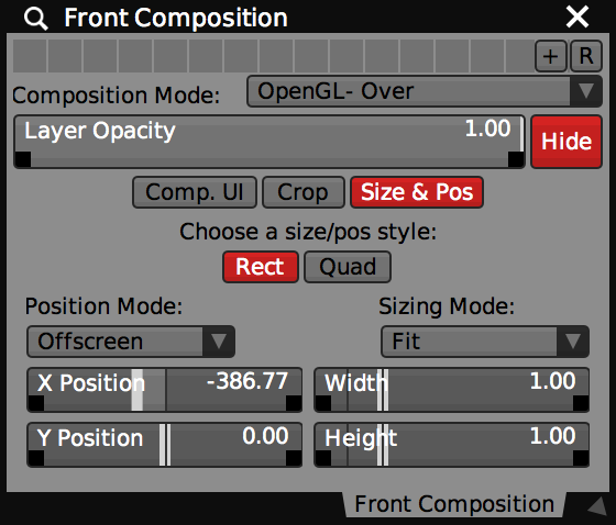 Layer Composition controls for the 'Front' layer with OpenGL- Over mode.