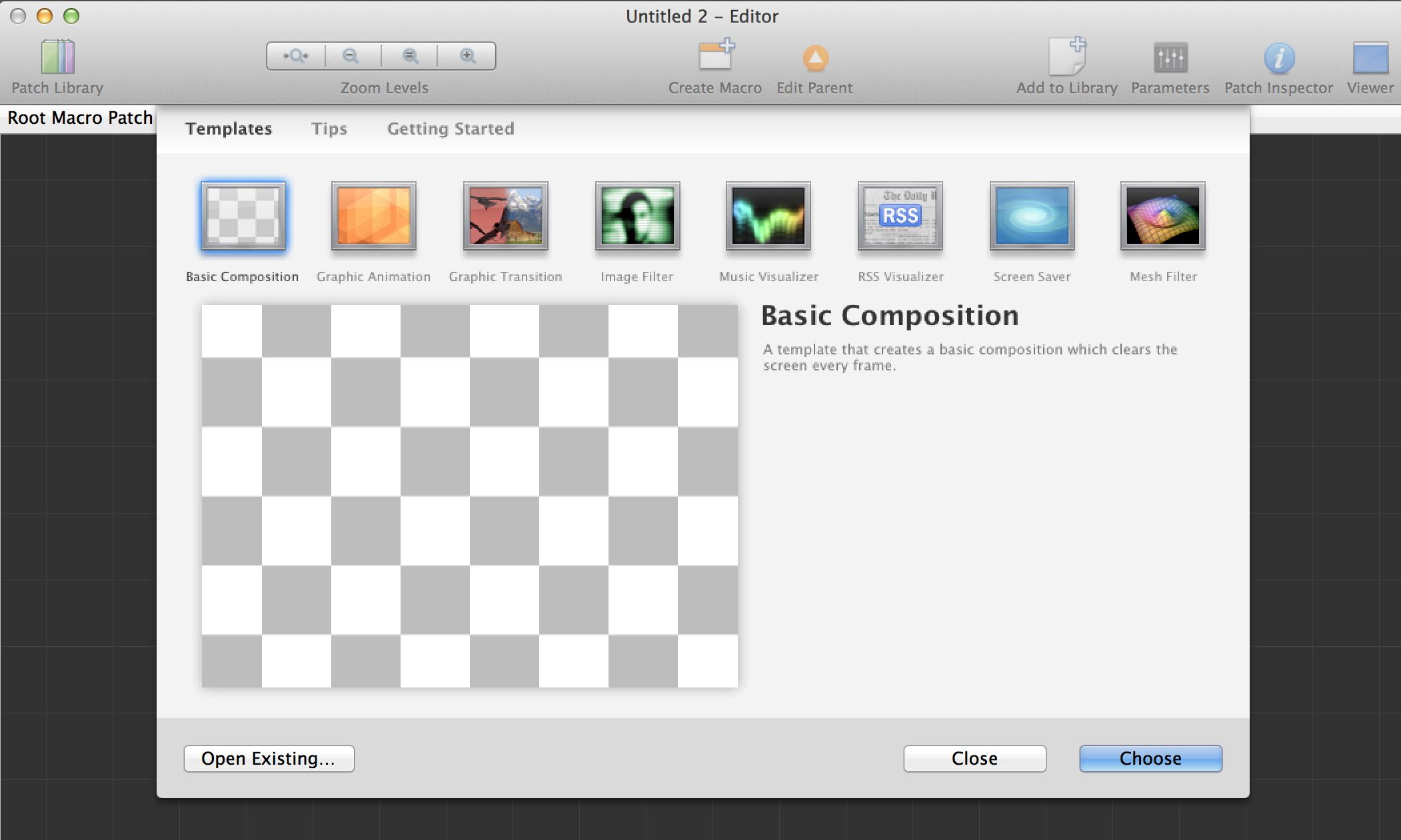 Start with the 'Basic Composition' template from the New Project wizard.