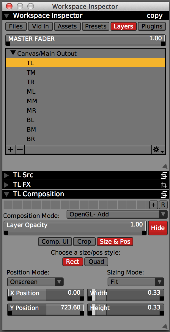 Workspace Inspector with 9 arranged layers, Width and Height set to 0.33 in 'Fit' mode.