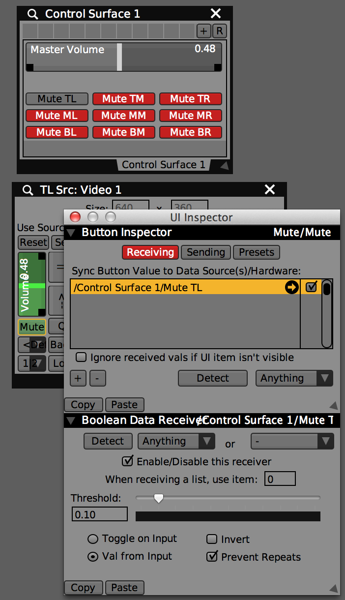 Control Sufrace with 'Master Volume' and 9 mute buttons to control each layers audio controls. UI Inspector showing settings for TL Source Mute button.